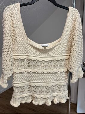 Koko + Mason cream crochet square neck top with puff sleeve, size large